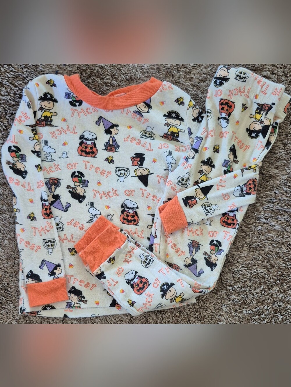 Kids 2T Toddler Peanuts Halloween 2 Piece Set Pajamas Orange And Off White